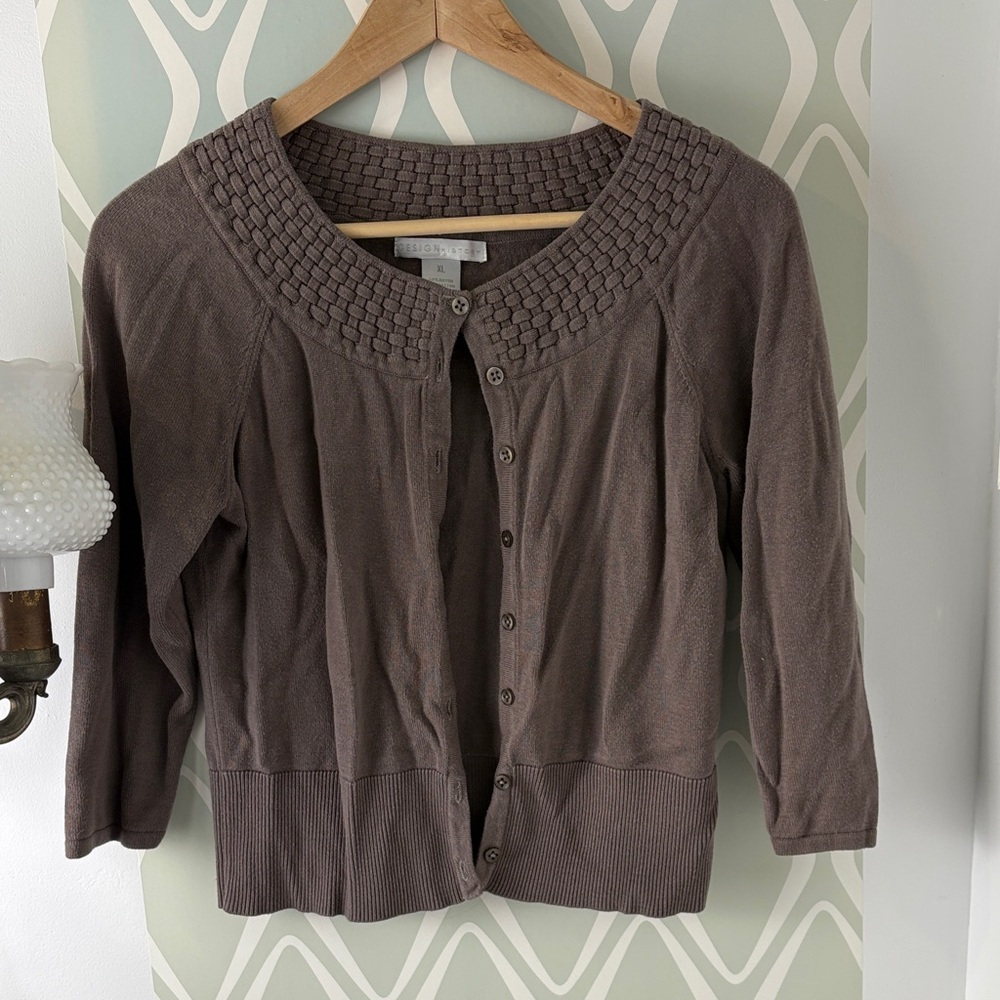 Design History Gray Brown Cardigan with Woven Neckline